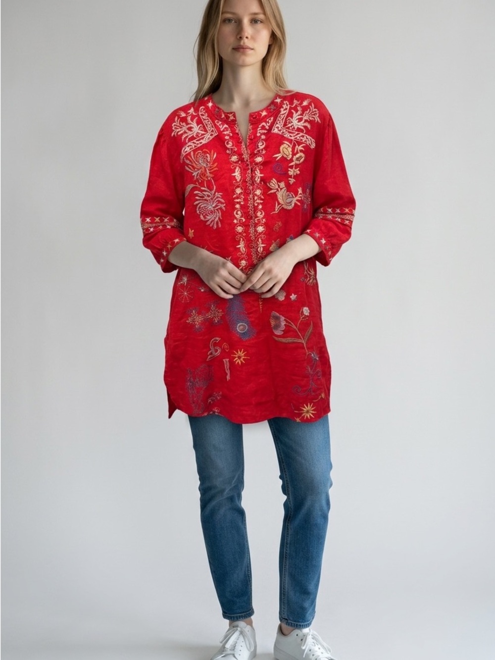 Johnny Was Embroidered Red Linen Tunic Top - Women's Size Large